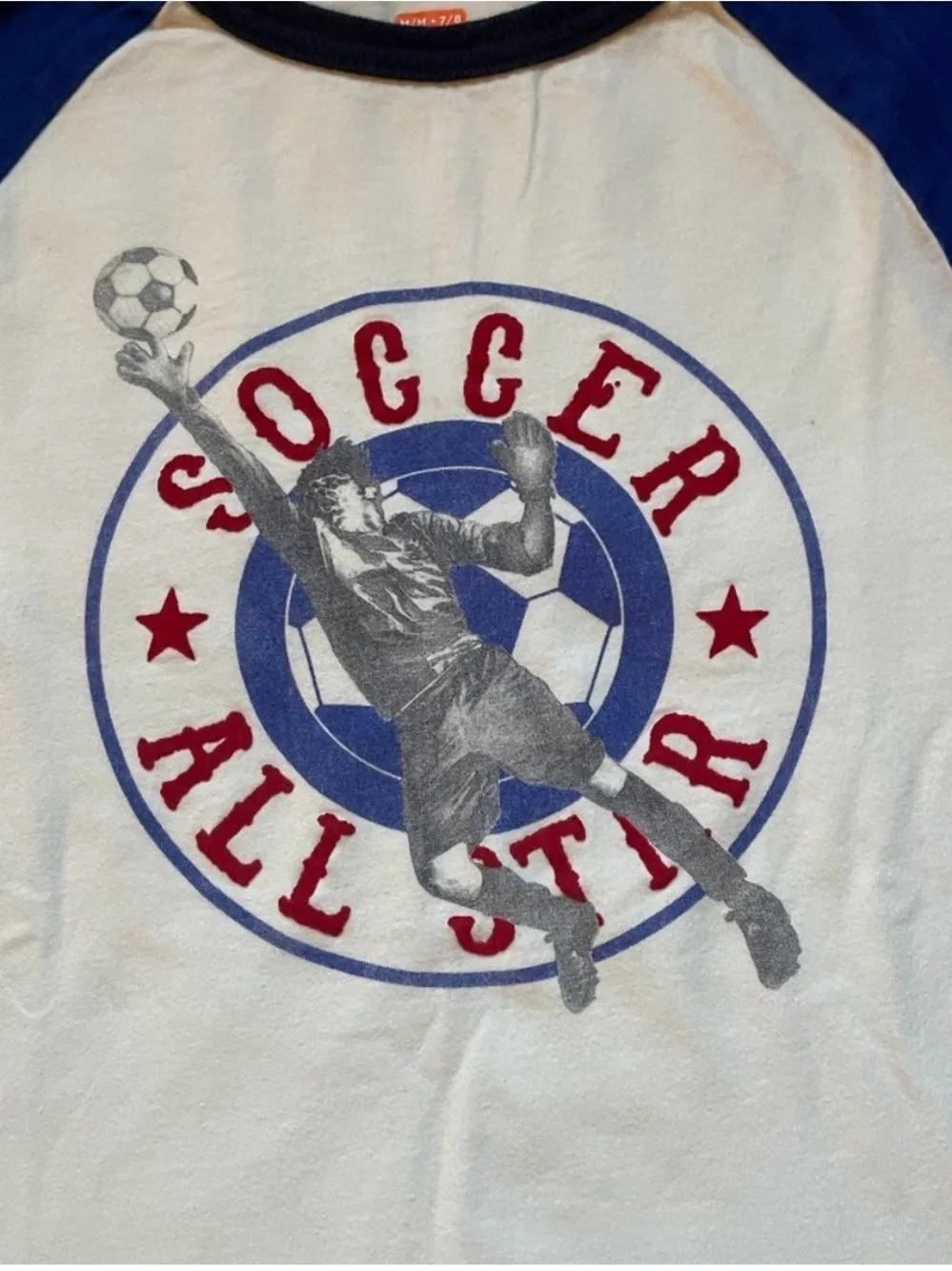 Children’s Place Boys sz 5/6 Soccer All Star Raglan Long Sleeve Shirt Blue White
